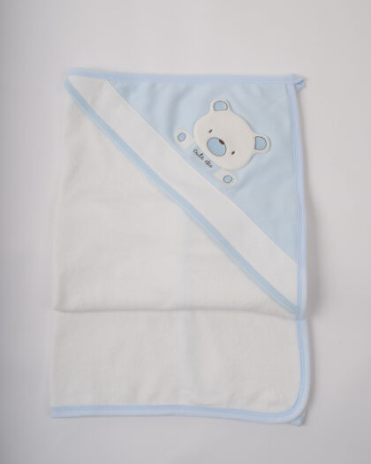 Erkek Bebek Mavi Beyaz Renk Ayıcık Figürlü Havlu 80 x 90 cm