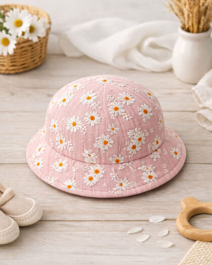 Pembe Papatya Desenli Bebek Şapka 0-2 Yaş 48 cm