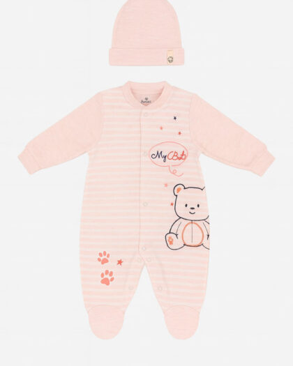 Kız Bebek Uzun Kol Şapkalı Çizgili Pembe Tulum