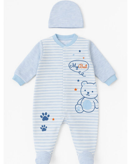 Erkek Bebek Uzun Kol Şapkalı Çizgili Mavi Tulum
