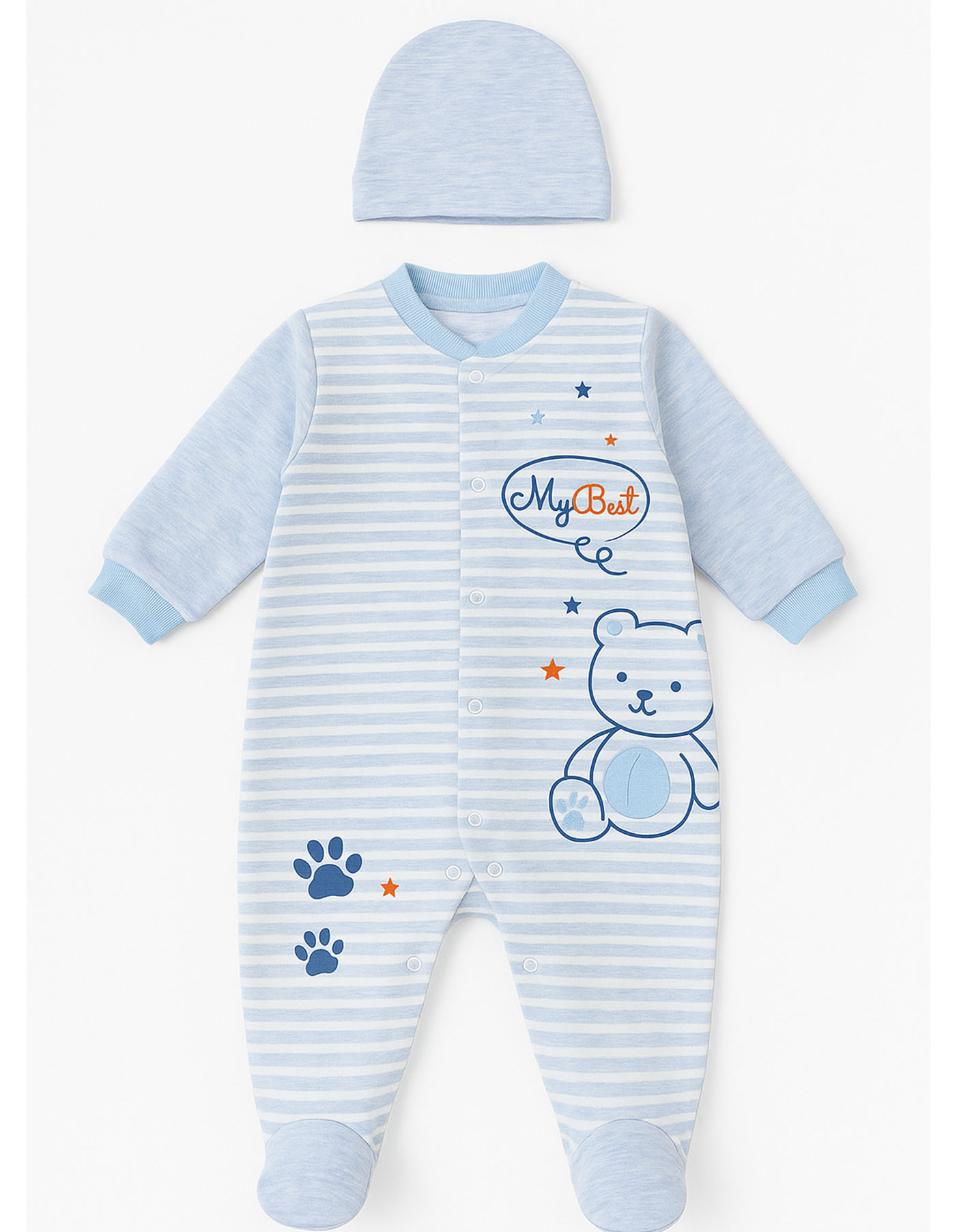 Baby Boy’s Blue Striped Long-Sleeved Romper with Hat