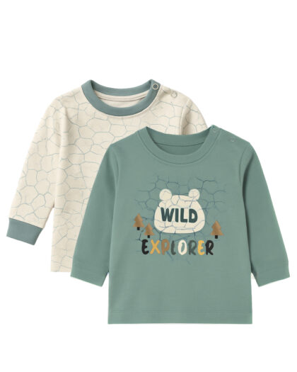 Erkek Bebek Yuvarlak Yaka Omuz Çıtçıtlı Uzun Kollu Yeşil Desenli 2'li Sweat