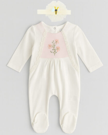 Kız Bebek İşlemeli Şık Beyaz Tulum