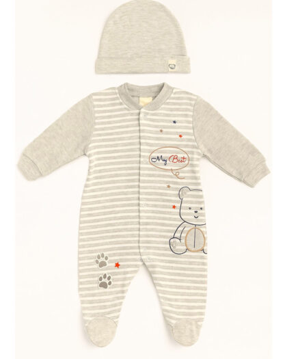 Erkek Bebek Uzun Kol Şapkalı Çizgili Bej Tulum