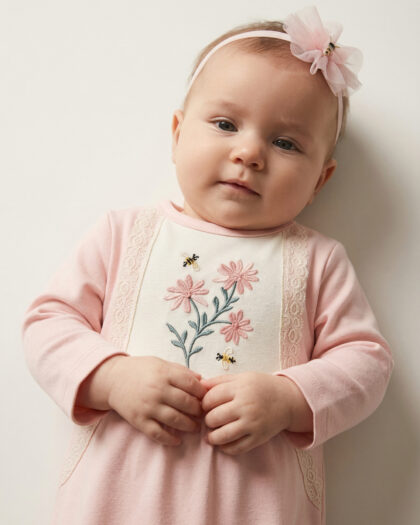 Kız Bebek Bandana Hediyeli İşlemeli Pembe Tulum