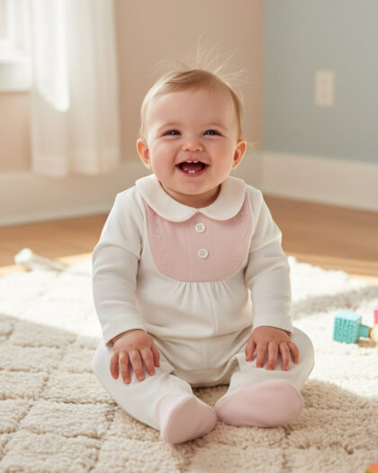 Kız Bebek Beyaz Bebe Yaka  Ayaklı Tulum