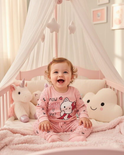 Kız Bebek Bisiklet Yaka Uzun Kollu Penye Pijama Takımı