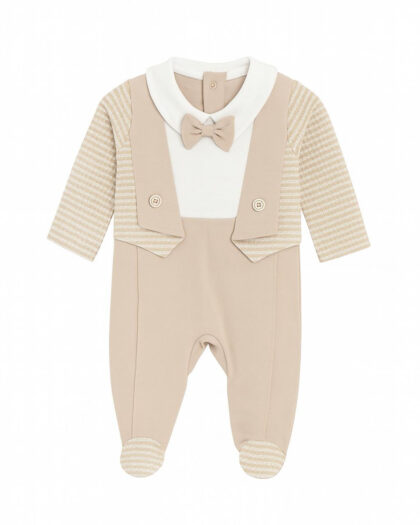 Erkek Bebek Takım Görünümlü Papyon ve Ceket Detaylı Bej Tulum