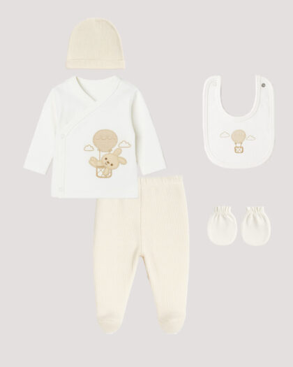 Kız Bebek Yenidoğan KremEkru Desenli 5'li Hastane Çıkışı Takımı