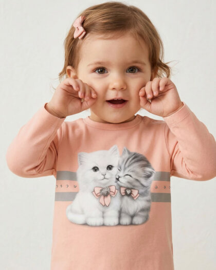 Kız Bebek Çocuk Yuvarlak Yaka Kedi Baskılı Uzun Kol Bluz