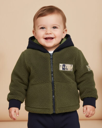 Erkek Bebek Kapişonlu Haki Peluş Mont