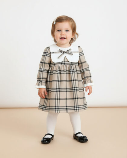 Kız Bebek Krem Yaka Detaylı İçi Tüllü Astarlı Elbise