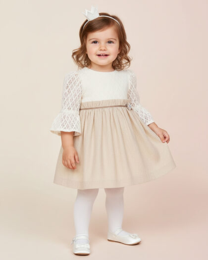 Kız Bebek Krem Dantel Görünümlü Örme Kumaş Elbise