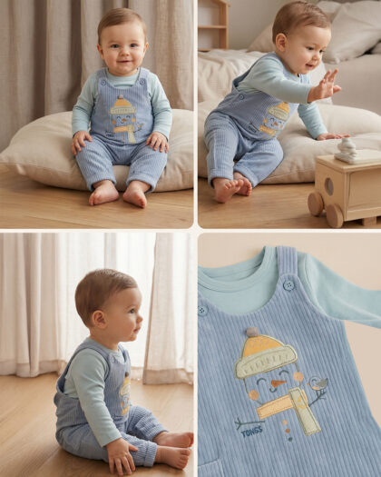 Erkek Bebek Kadife Esnek Kumaş 2'li Mavi Tulum