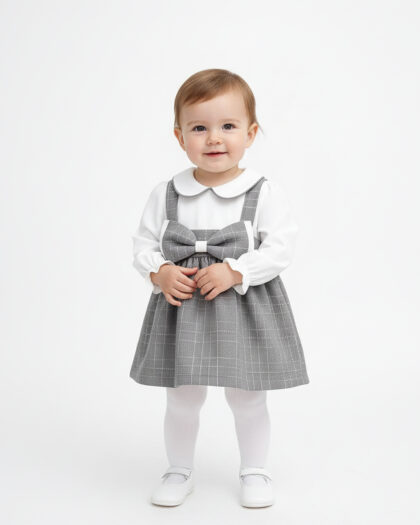 Kız Bebek Gri Fiyonklu İçi Astarlı ve Tüllü Şık Elbise