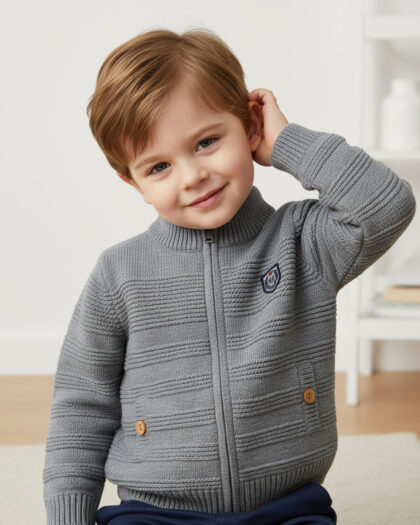 Erkek Bebek Çocuk Gri İçi Kürklü Fermuarlı Hırka