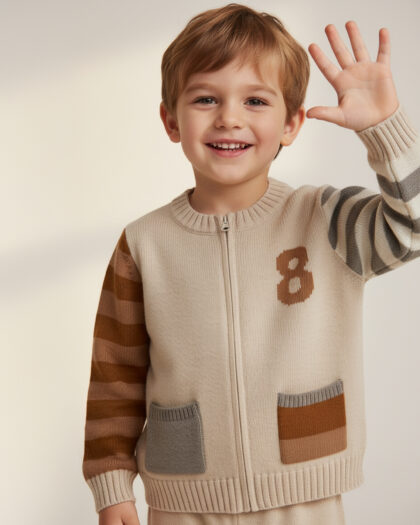 Erkek Bebek Çocuk Desenli Cep Detaylı Fermuarlı Hırka