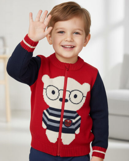 Erkek Çocuk Kırmızı Gözlüklü Karakter Detaylı Fermuarlı Hırka