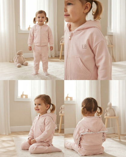 Kız Bebek Pembe Kapüşonlu Fermuarlı Fırfır Detaylı Eşofman Takımı