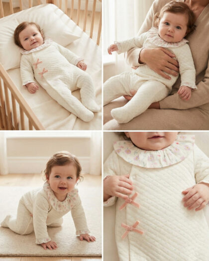 Kız Bebek Gömlek Kurdela Detaylı Kapitone Desenli Ayaklı Tulum