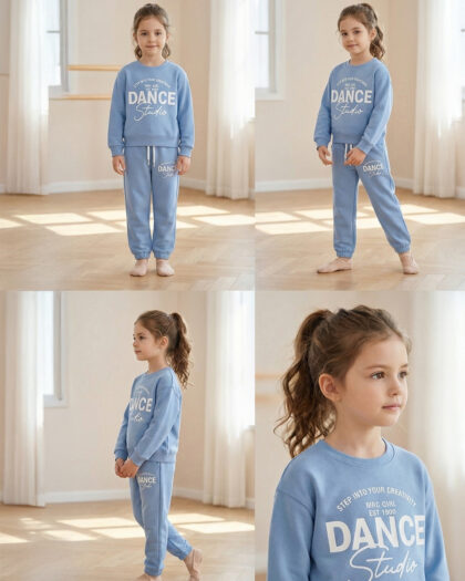 Kız Çocuk Bebek Mavisi Yandan Cepli Baskılı İkili Takım