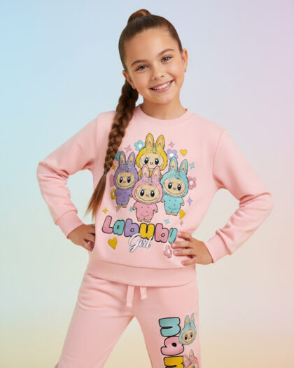 Kız Çocuk Pembe Karakter Detaylı 2'li Eşofman Takımı