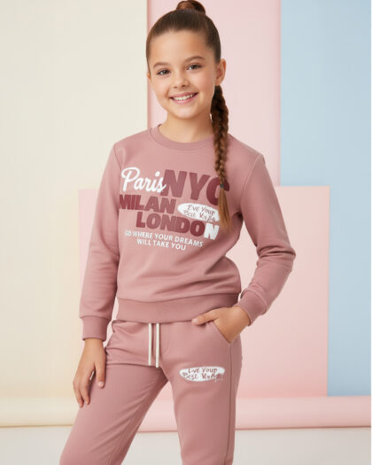 Kız Çocuk Yandan Cepli Paris Yazı Baskılı İkili Takım