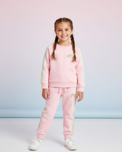 Kız Çocuk Şeritli Pembe Eşofman Takımı