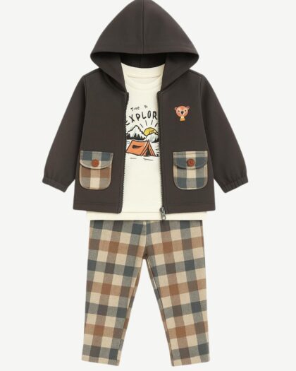 Erkek Bebek Füme Fermuarlı Sweat ve Baskılı Tshirt Detaylı Kareli Pantolonlu 3'lü Takım