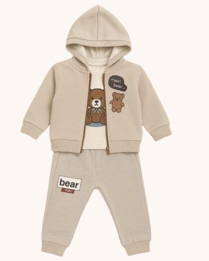 Erkek Bebek Renkli Ayıcık Desenli 3'lü Eşofman Takımı