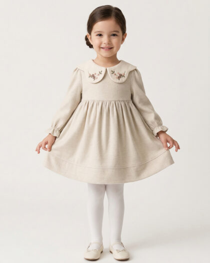 Kız Bebek Çocuk Ekru Nakışlı Yaka Detaylı Elbise