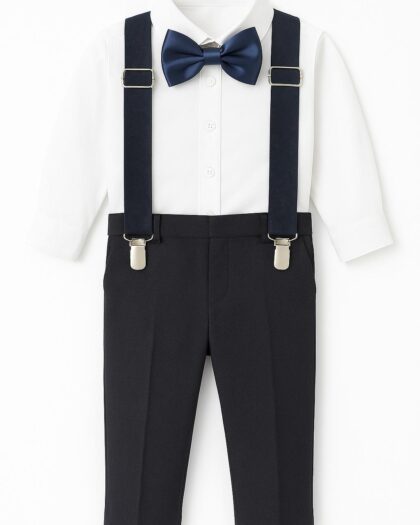 Erkek Çocuk 2-6 Yaş Ayarlanılabilir Metal Tokalı Pantolon Askısı ve Papyonlu Lacivert Takım