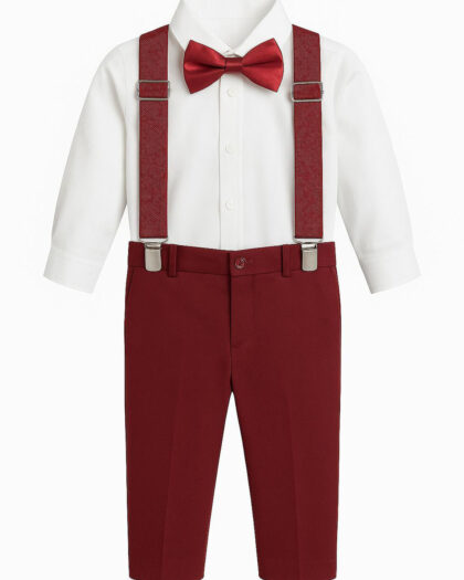 Erkek Çocuk 2-6 Yaş Ayarlanılabilir Metal Tokalı Pantolon Askısı ve Papyonlu Bordo Takım