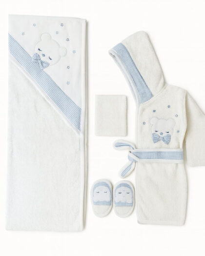 Yeni Doğan Erkek Bebek Mavi Beyaz Banyo Takımı 4'lü Set