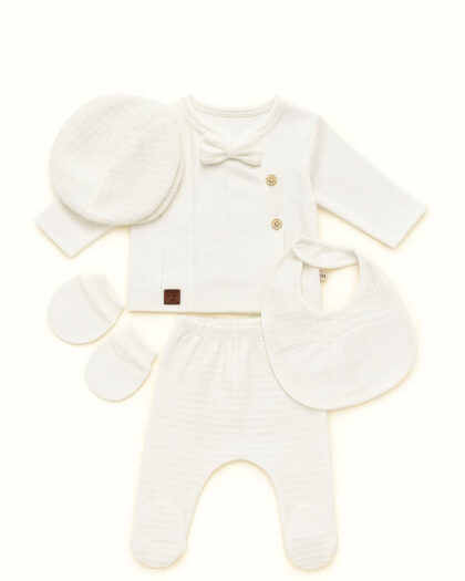 Erkek Bebek Yenidoğan Ekru Desenli 5'li Hastane Çıkışı Takımı