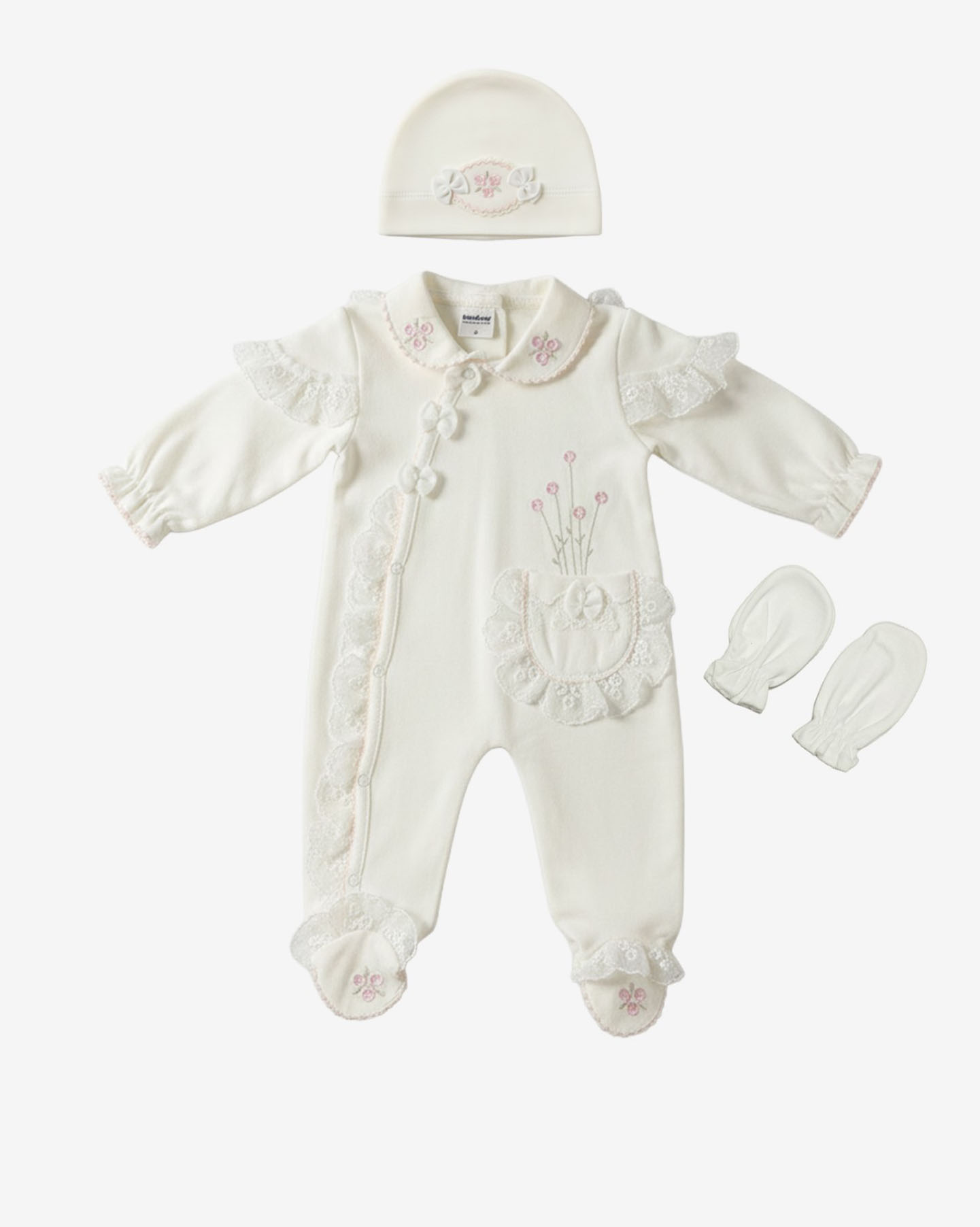 Baby Girl’s Lace-Detail Romper Set with Hat and Mittens - Image 2