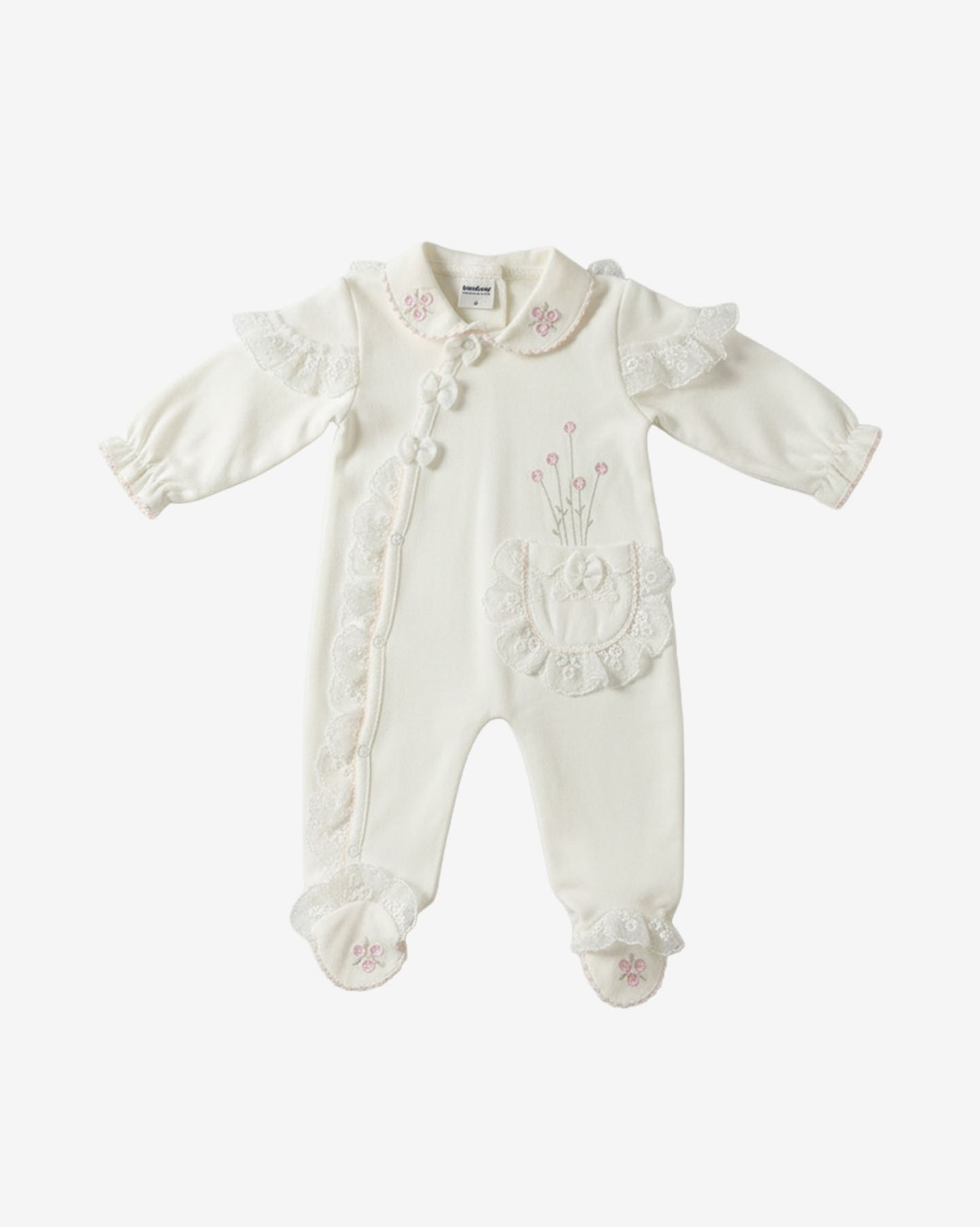 Baby Girl’s Lace-Detail Romper Set with Hat and Mittens - Image 3