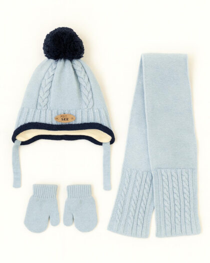 Erkek Bebek 3'lü Şapka Bere Eldiven Seti - Lacivert Ponponlu - 0-18 Ay