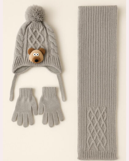 Erkek Çocuk 3'lü Şapka Bere Eldiven Seti - Figürlü Gri - 1-4 Yaş