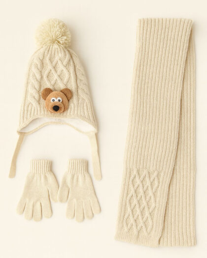 Erkek Çocuk 3'lü Şapka Bere Eldiven Seti - Figürlü Bej - 1-4 Yaş