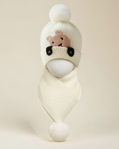 Kız Çocuk 2'li Bere Atkı Seti - Beyaz - 4-8 Yaş