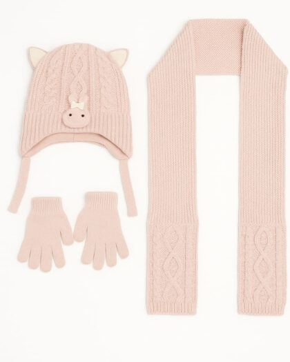 Kız Çocuk 3'lü Bere Eldiven Atkı Seti - Pembe  -1-4 Yaş