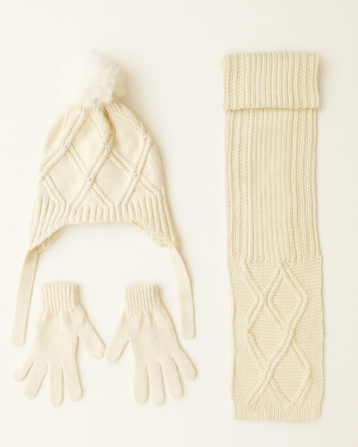 Girl’s Pearl-Detail 3-Piece Beanie, Scarf and Gloves Set – Ages 4–8<br/>