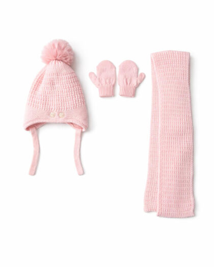 Kız Bebek 3'lü  Bere Atkı Eldiven Seti - Patili Pembe - 0-18 Ay