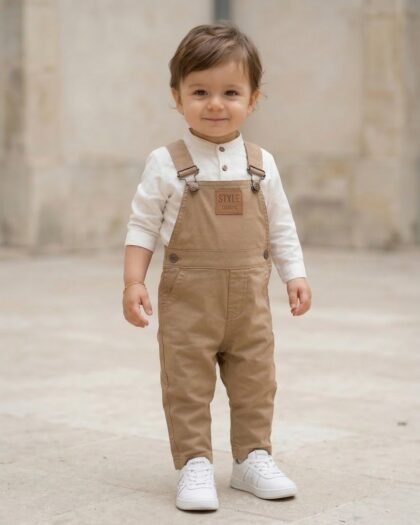 Erkek Bebek 2'Lİ Gömlekli Şık Tulum Takımı - Kahverengi