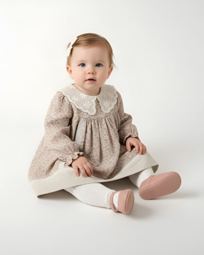 Kız Bebek Çiçek Desenli Dantel Yakalı Uzun Kollu Elbise