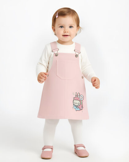 Kız Bebek Desenli Pembe Salopet Takım