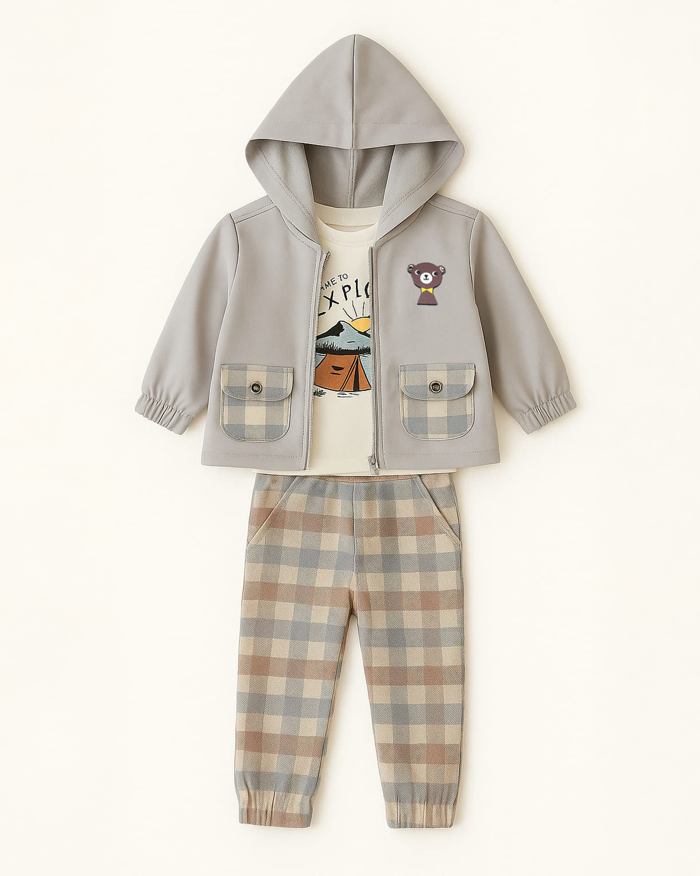 Baby Boy’s 3-Piece Set with Zip-Up Sweatshirt, Printed T-Shirt and Checked Trousers<br/> - Image 2