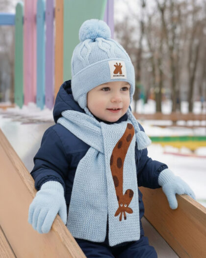 Erkek Çocuk 3'lü Şapka Bere Eldiven Seti - Desenli Mavi - 1-4 Yaş