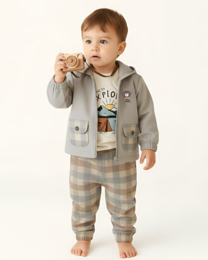 Erkek Bebek Fermuarlı Sweat ve Baskılı Tshirt Detaylı Kareli Pantolonlu 3'lü Takım